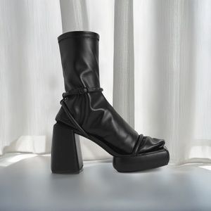 CHARLES & KEITH Black Vegan Leather Lucile Platform Calf Boots in Size 10